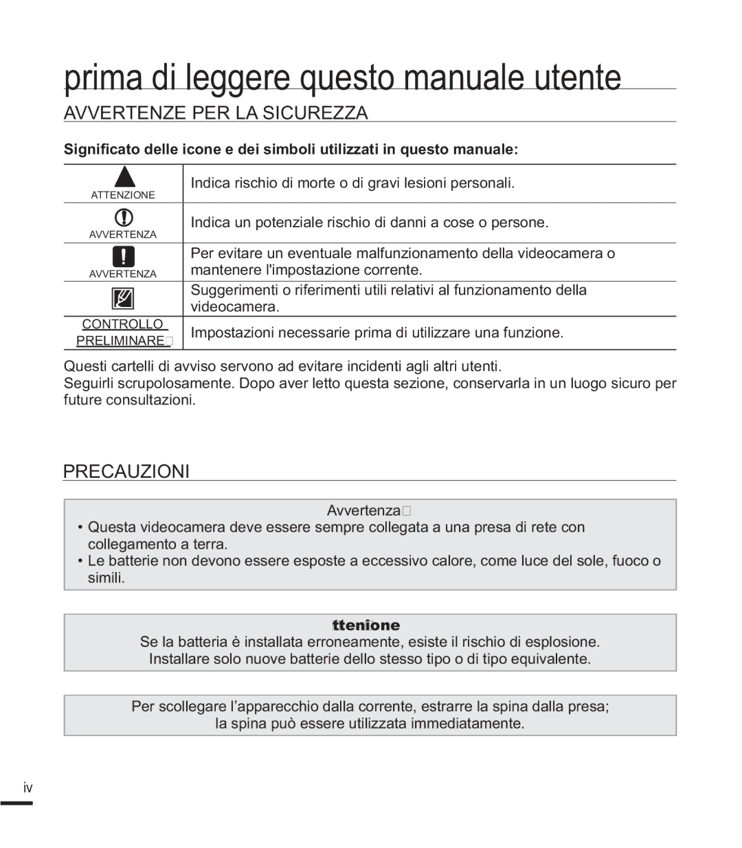 Samsung SMX-F40RP/EDC Prima di leggere questo manuale utente, $99571=35/$6,&85==$, 35&$8=,21, $Yyhuwhqd, Attenzione 