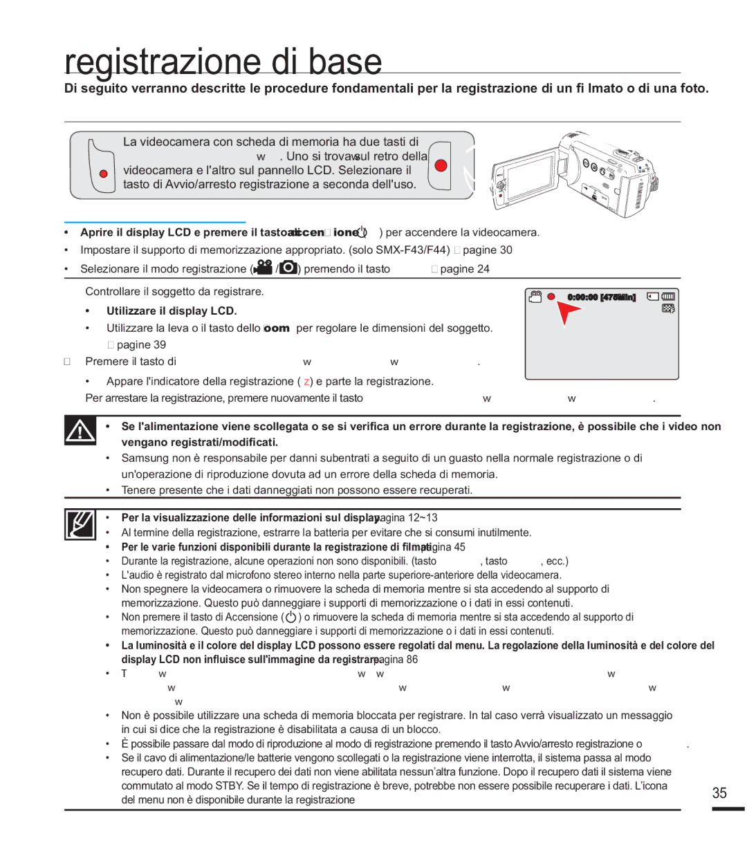 Samsung SMX-F40BP/EDC, SMX-F40SP/EDC, SMX-K40SP/EDC, SMX-F40LP/EDC, SMX-F44BP/EDC Registrazione di base, 5*,675$=,21,9,2 