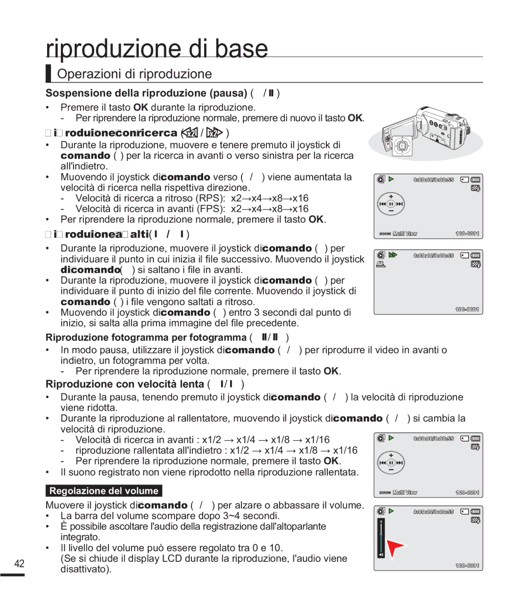 Samsung SMX-F40LP/EDC manual Operazioni di riproduzione, 6RVSHQVLRQHGHOODULSURGXLRQHSDXVD f, Riproduzione con ricerca 