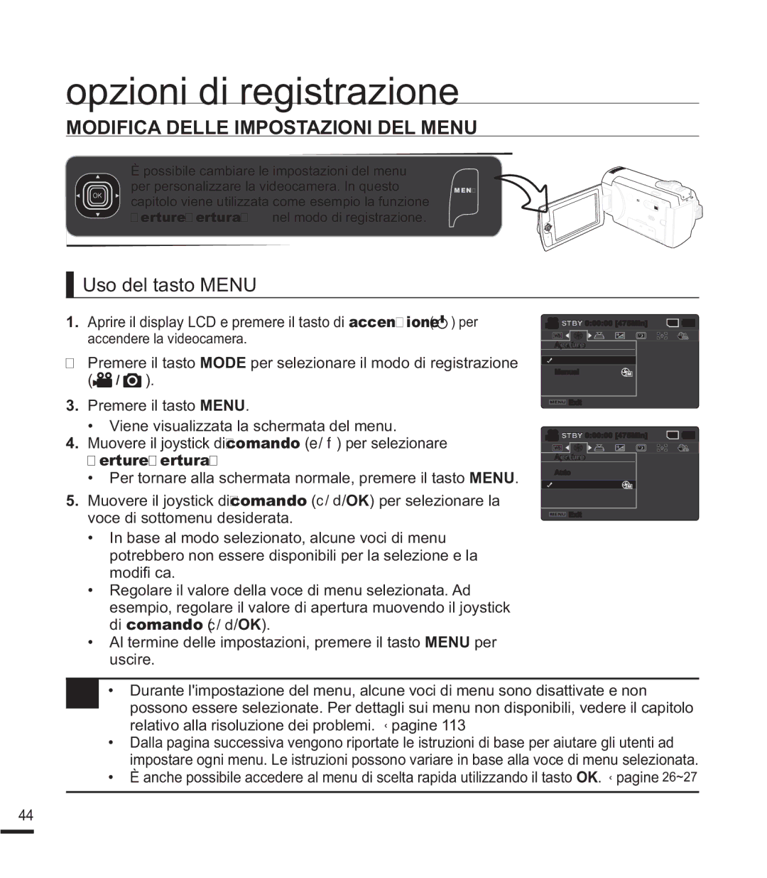 Samsung SMX-F40RP/EDC manual Opzioni di registrazione, 02,,&$//,03267$=,21,/018, Uso del tasto Menu, Aperture Apertura 