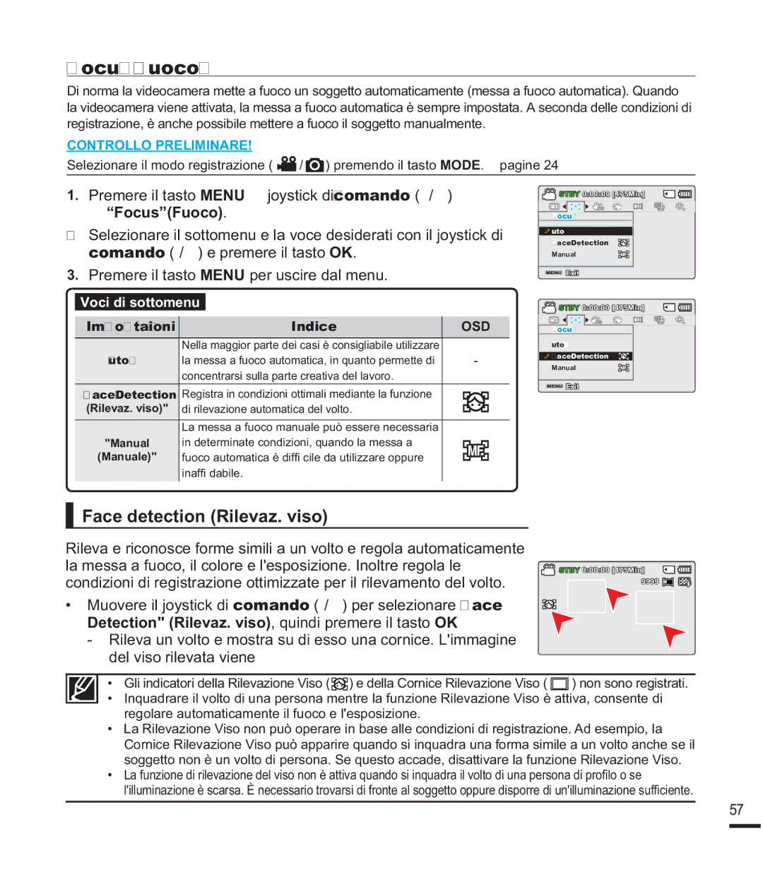 Samsung SMX-F43RP/EDC manual Focus Fuoco, DFHGHWHFWLRQ5LOHYDYLVR,  Premere il tasto018 pMR\VWLFNGL comando e/f 