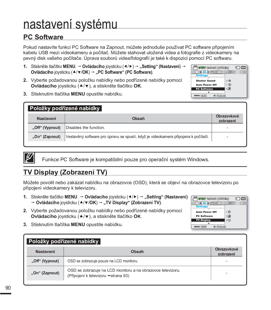 Samsung SMX-F44BP/EDC manual TV Display Zobrazení TV, SĜLSRMHQtYLGHRNDPHU\NWHOHYLRUX, Nastavení Obsah Obrazovkové 