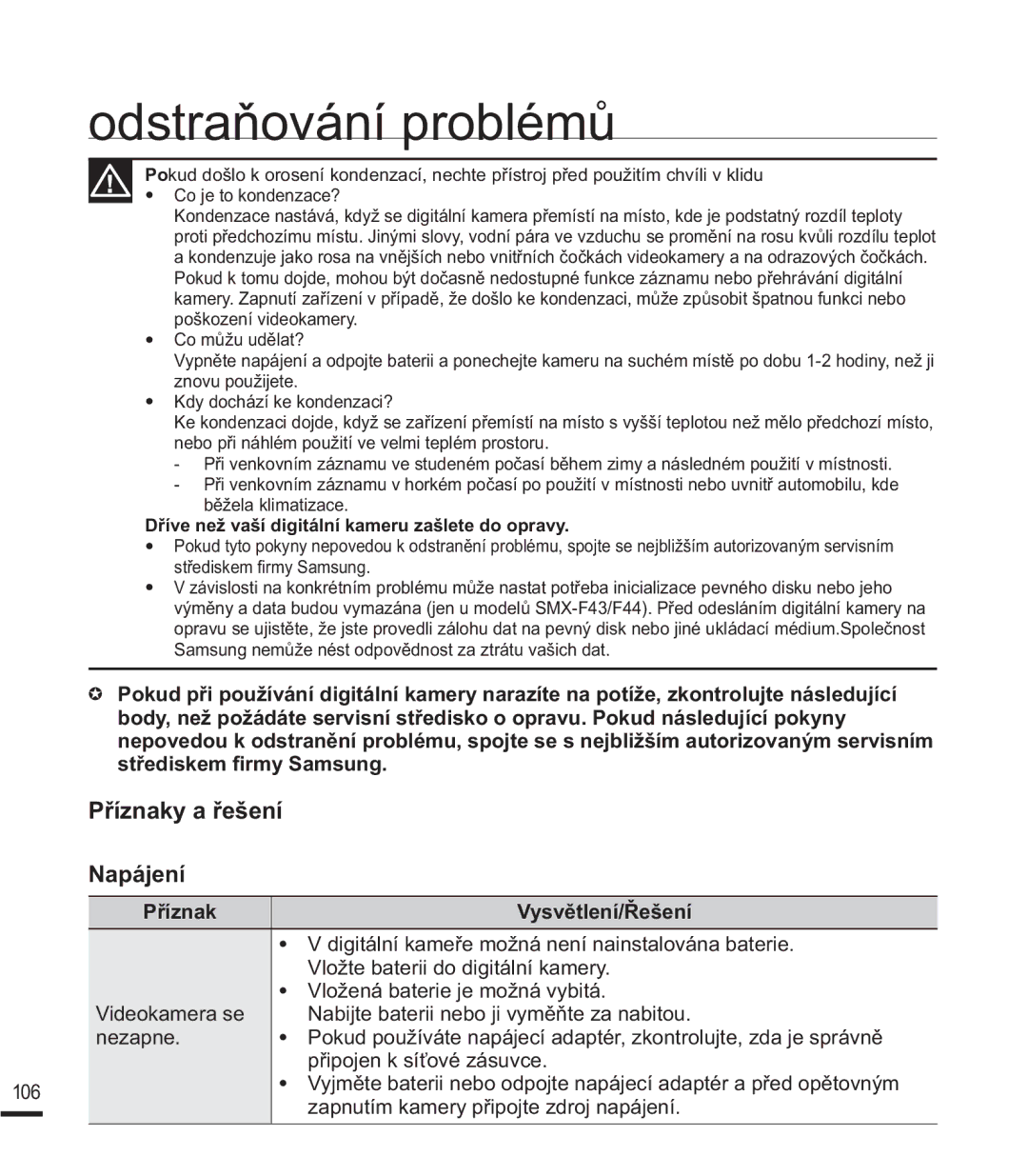 Samsung SMX-F44BP/EDC manual 3ĜtQDN\DĜHãHQt Napájení, 3ĜtQDN \VYČWOHQtěHãHQt, 1DELMWHEDWHULLQHERMLY\PČĖWHDQDELWRX 