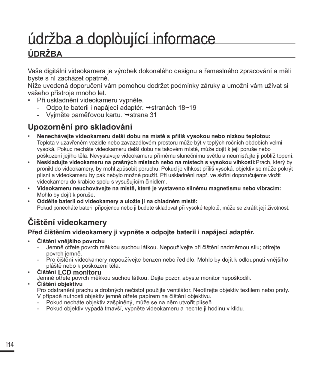 Samsung SMX-F44BP/EDC, SMX-F40SP/EDC manual Ò5ä%$, 8SRRUQČQtSURVNODGRYiQt, ÝLãWČQtYLGHRNDPHU, ‡ ýLãWČQt LCD monitoru 