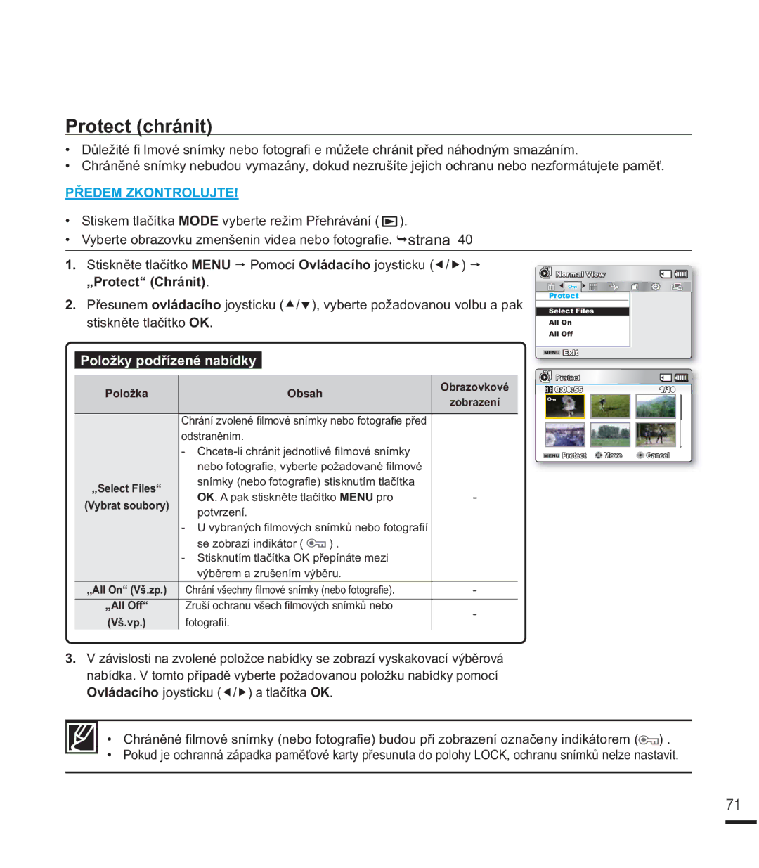 Samsung SMX-K40SP/EDC, SMX-F40SP/EDC, SMX-F40LP/EDC, SMX-F44SP/EDC, SMX-F44BP/EDC manual Protect chránit, „Protect Chránit 