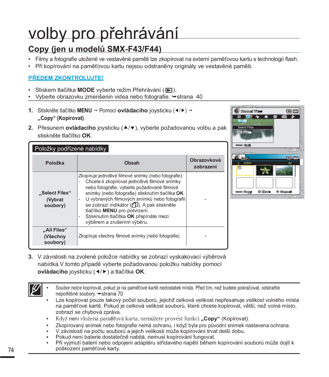 Samsung SMX-F44BP/EDC, SMX-F40SP/EDC manual RS\MHQXPRGHOĤ60, „Copy Kopírovat, SRãNRHQtSDPČĢRYpNDUW\ 