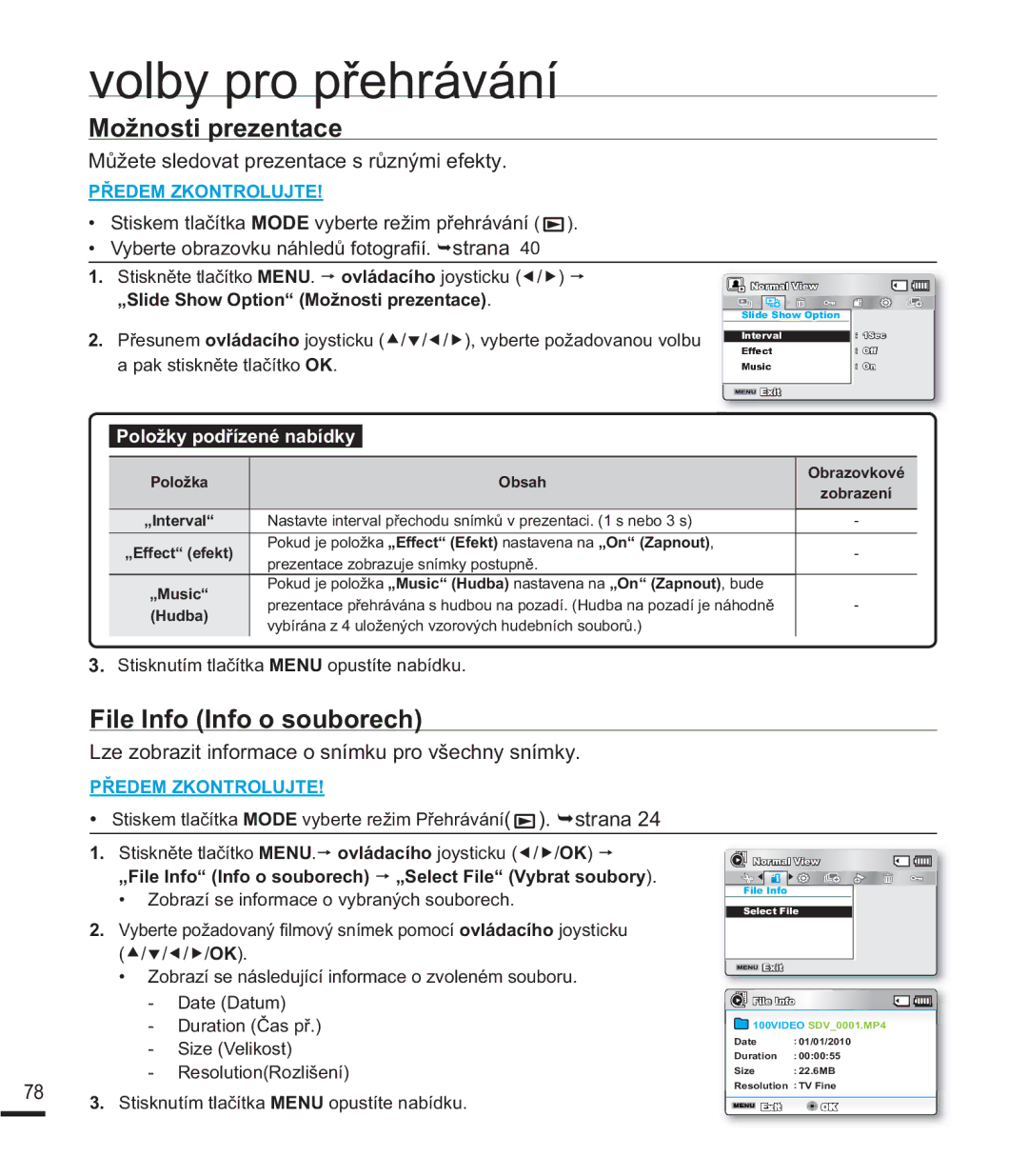 Samsung SMX-F40SP/EDC manual 0RåQRVWLSUHHQWDFH, File Info Info o souborech, 0ĤåHWHVOHGRYDWSUHHQWDFHVUĤQêPLHIHNW\ 