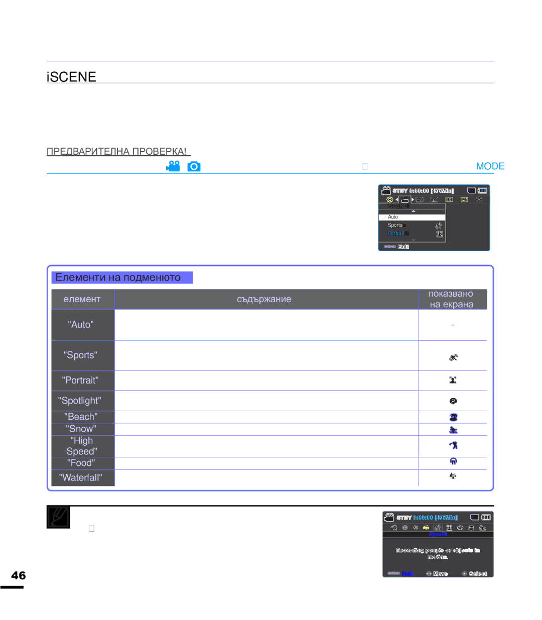 Samsung SMX-F44BP/EDC, SMX-F40BP/EDC manual Iscene, Ȿɥɟɦɟɧɬɢɧɚɩɨɞɦɟɧɸɬɨ 