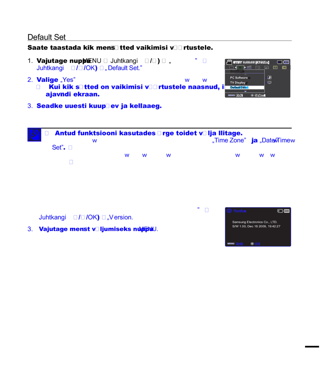 Samsung SMX-K40BP/XEB manual Default Set, Version, Language, Antud funktsiooni kasutades ärge toidet välja lülitage 