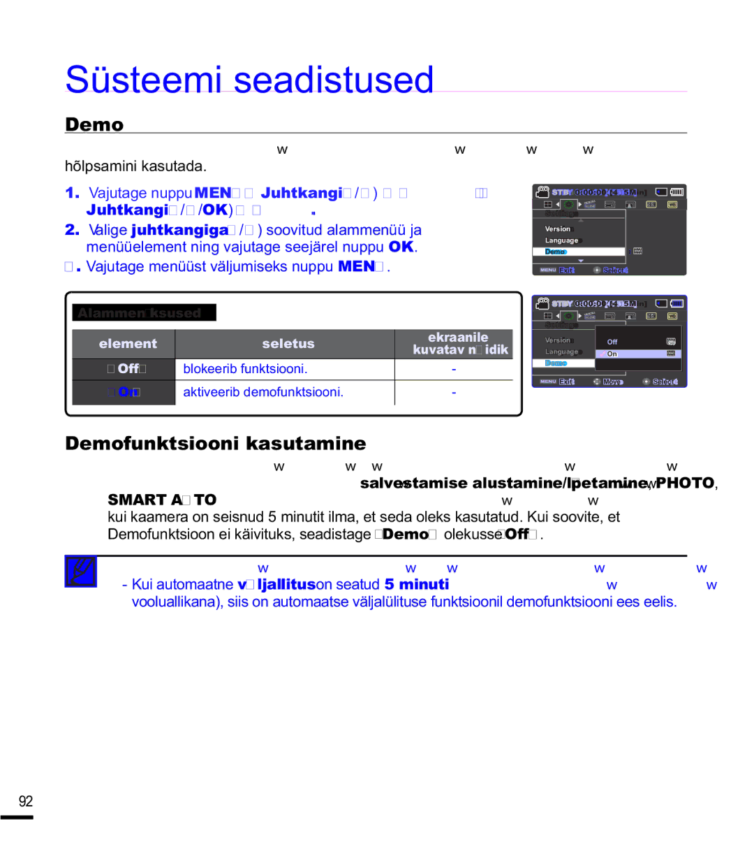 Samsung SMX-F44BP/EDC, SMX-F40BP/XEB manual Demofunktsiooni kasutamine, ‡ HPRUHåLLPWKLVWDWDNVHMlUJPLVWHOMXKWXGHO 