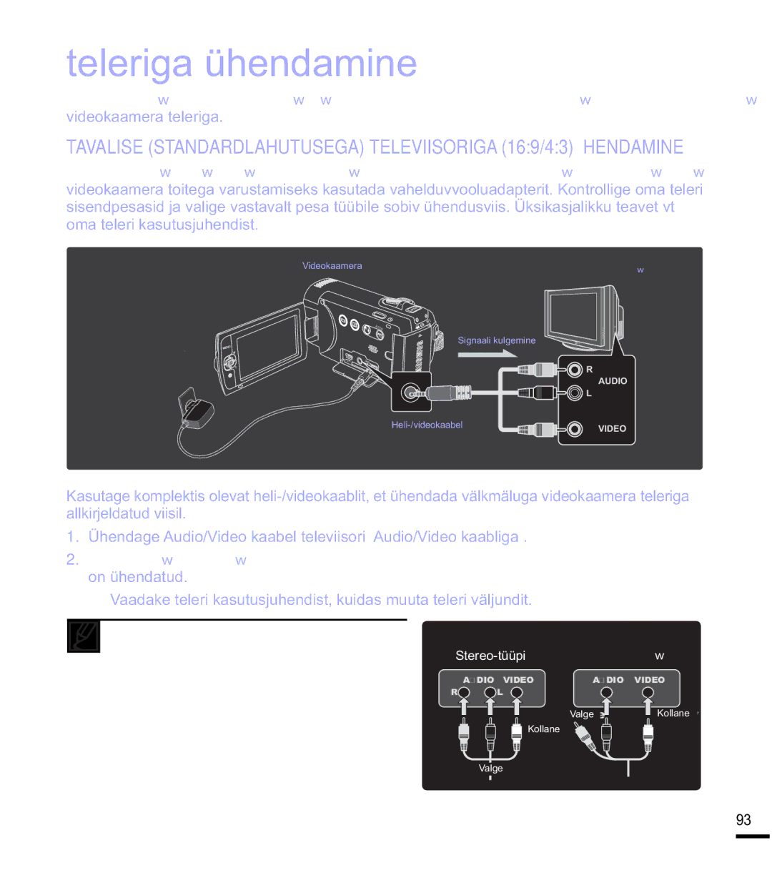 Samsung SMX-F40BP/XEB manual Teleriga ühendamine, Kui televiisoril on ainult mono audiosisend, Stereo-tüüpi 0RQRWSL 