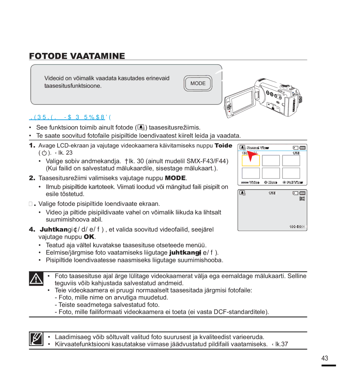 Samsung SMX-K40BP/XEB manual Fotode Vaatamine, Esile tõstetud, Eelmise/järgmise foto vaatamiseks liigutage juhtkangi e/f 