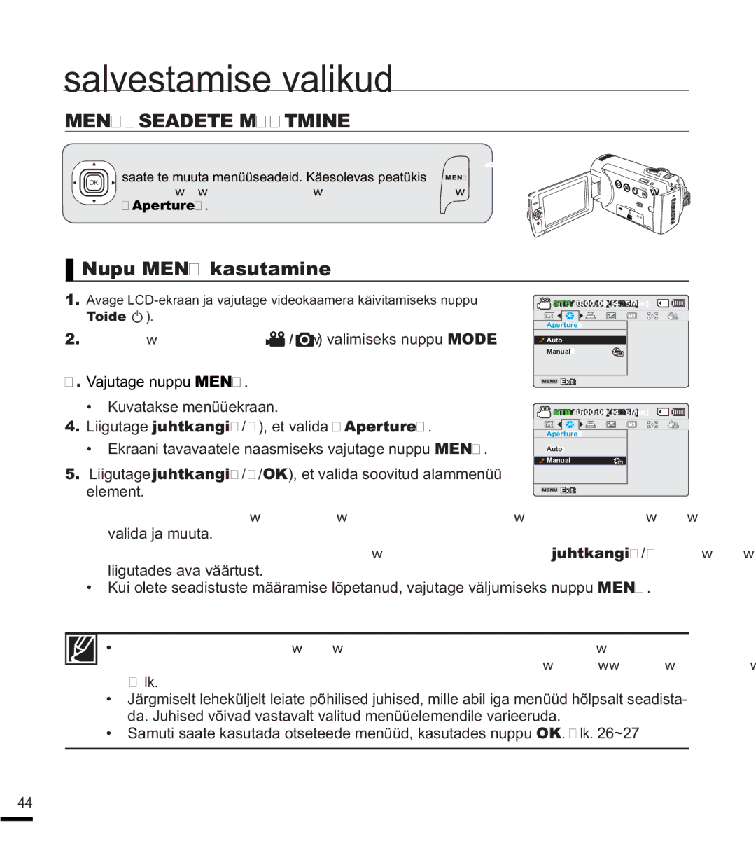 Samsung SMX-F44BP/EDC, SMX-F40BP/XEB, SMX-K40BP/XEB manual Salvestamise valikud, Menüüseadete Muutmine, Nupu Menu kasutamine 