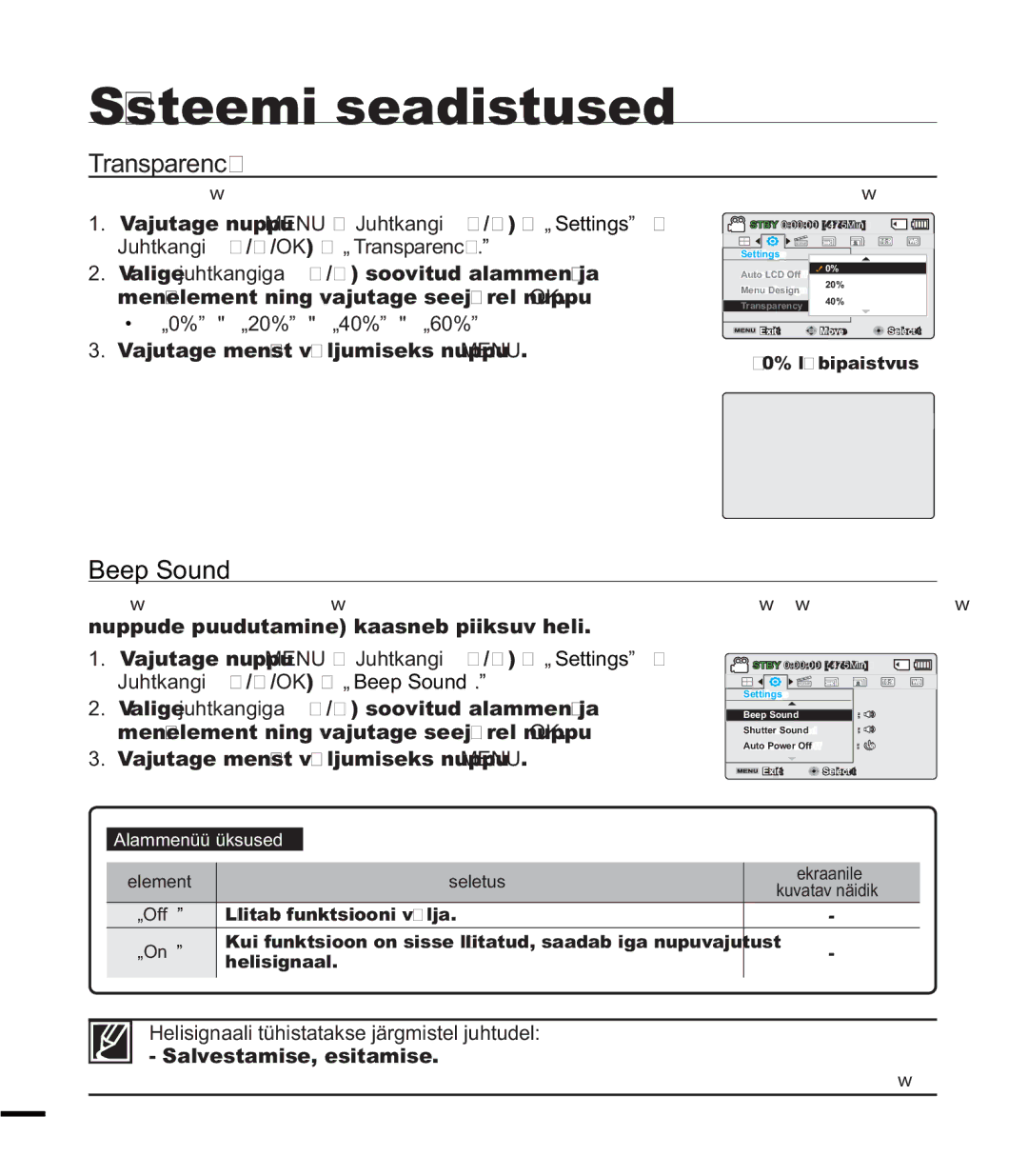 Samsung SMX-K40BP/XEB manual Beep Sound, Juhtkangi c/d/OK p „Transparency, Menüüelement ning vajutage seejärel nuppu OK 