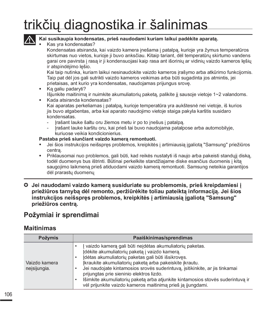 Samsung SMX-K40BP/XEB manual 3Rå\PLDLLUVSUHQGLPDL, 0DLWLQLPDV, , 3DVWDEDSULHãVLXQþLDQWYDLGRNDPHUąUHPRQWXRWL 