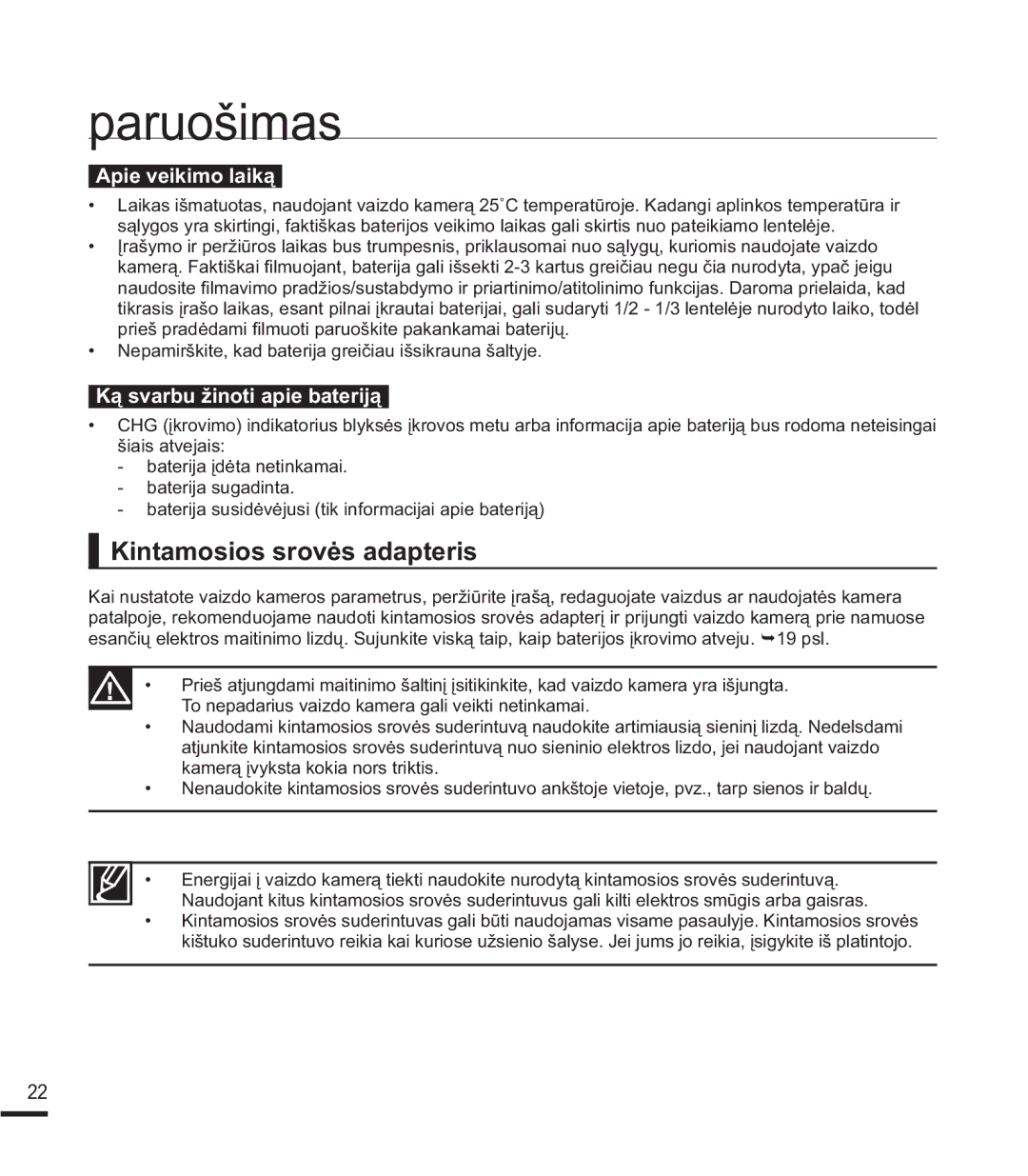 Samsung SMX-K40BP/XEB manual LQWDPRVLRVVURYơVDGDSWHULV, ‡ 1HSDPLUãNLWHNDGEDWHULMDJUHLþLDXLãVLNUDXQDãDOW\MH 