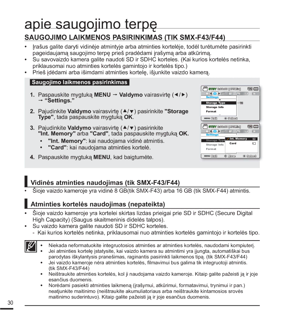 Samsung SMX-F40BP/XEB manual Saugojimo Laikmenos Pasirinkimas TIK SMX-F43/F44, 9LGLQơVDWPLQWLHVQDXGRMLPDVWLN60 