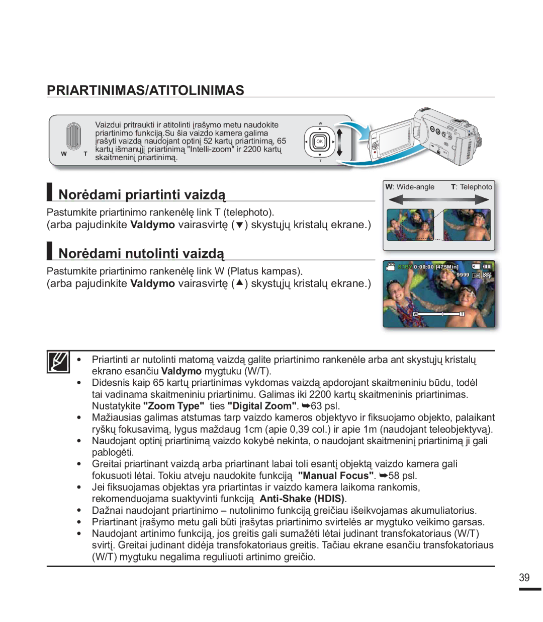 Samsung SMX-F40BP/XEB, SMX-F44BP/EDC manual Priartinimas/Atitolinimas, 1RUơGDPLSULDUWLQWLYDLGą, 1RUơGDPLQXWROLQWLYDLGą 