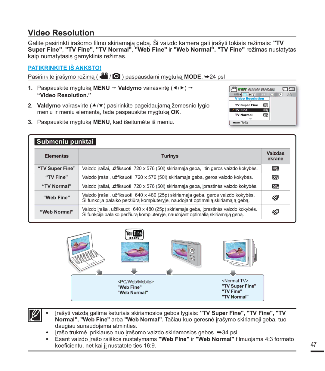 Samsung SMX-F44BP/EDC manual NDLSQXPDW\WDVLVJDP\NOLQLVUHåLPDV, ³9LGHR5HVROXWLRQ´, GdxjldxVxqdxgrmdpdDwplqwlhv 