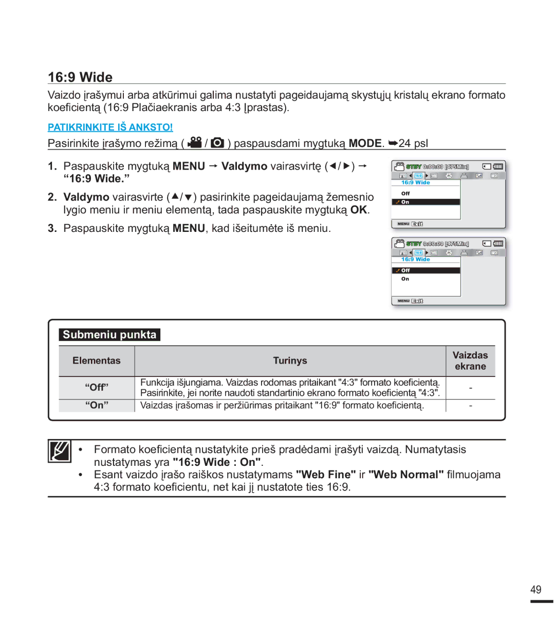 Samsung SMX-K40BP/XEB manual Lgh, NRH¿FLHQWą3ODþLDHNUDQLVDUEDƲSUDVWDV, ³LGH´, ³2II´, ³2Q´ 