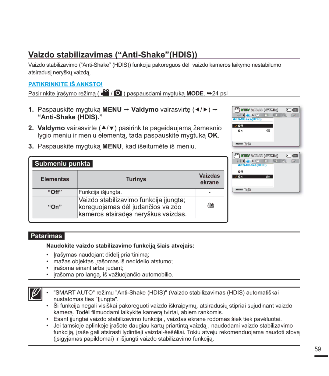 Samsung SMX-F44BP/EDC manual 9DLGRVWDELOLDYLPDV³$QWL6KDNH´+,6, ³$QWL6KDNH+,6´, 3DWDULPDV, ³2II´ XQNFLMDLãMXQJWD 