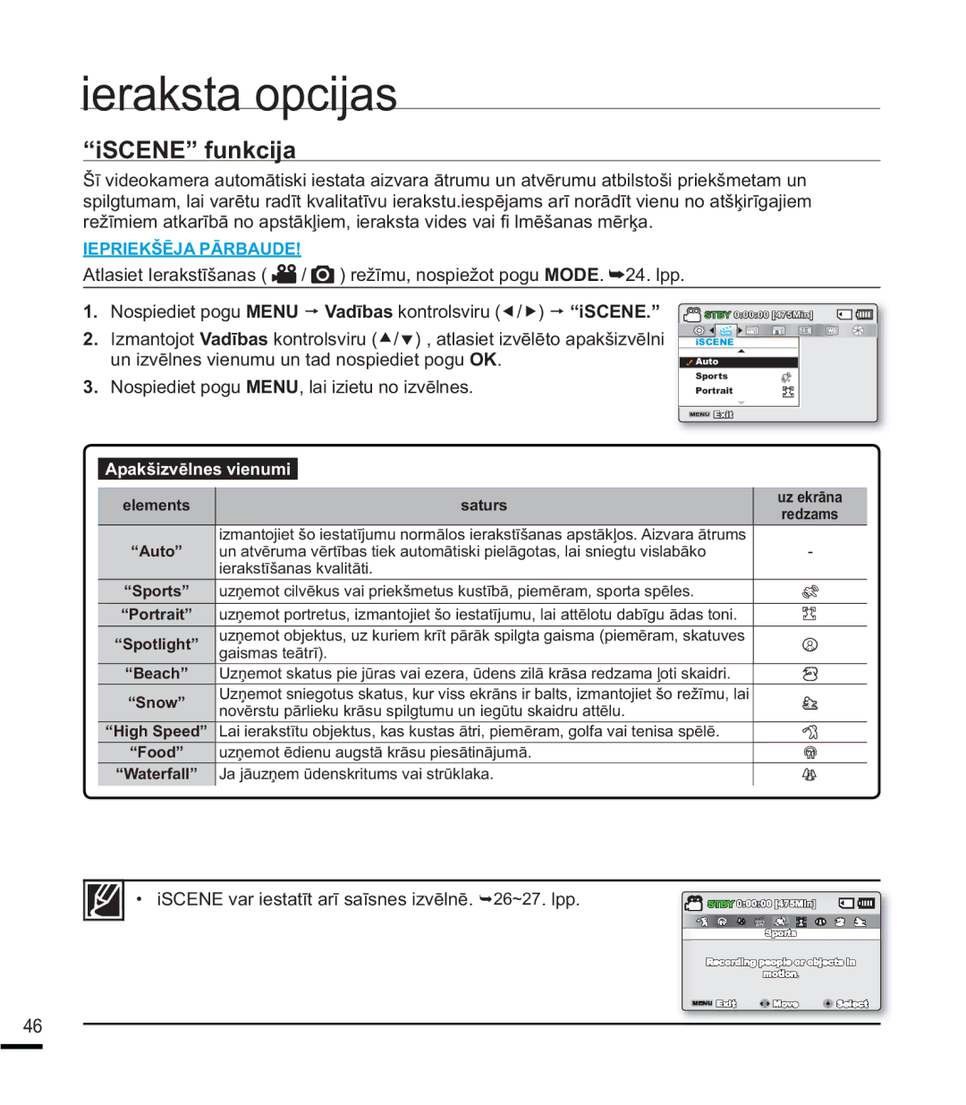 Samsung SMX-K40BP/XEB manual ³L6&1´IXQNFLMD,  1RVSLHGLHWSRJX018ODLLLHWXQRLYƝOQHV, Vdwxuv, ³6QRZ´, ³RRG´ 