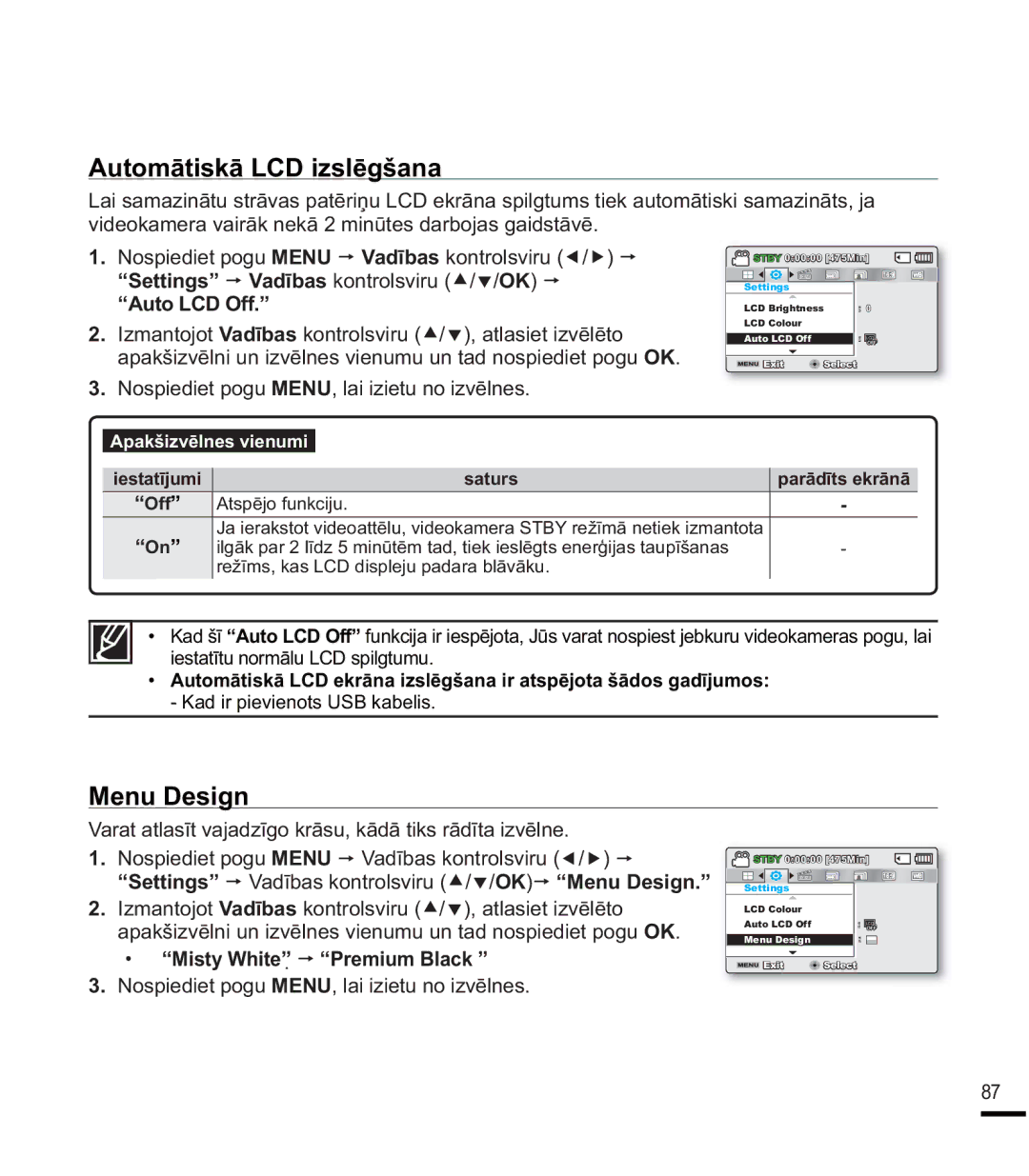 Samsung SMX-F40BP/XEB, SMX-F44BP/EDC 0HQXHVLJQ, YLGHRNDPHUDYDLUƗNQHNƗPLQǌWHVGDUERMDVJDLGVWƗYƝ, ³$XWR/&2II´ 