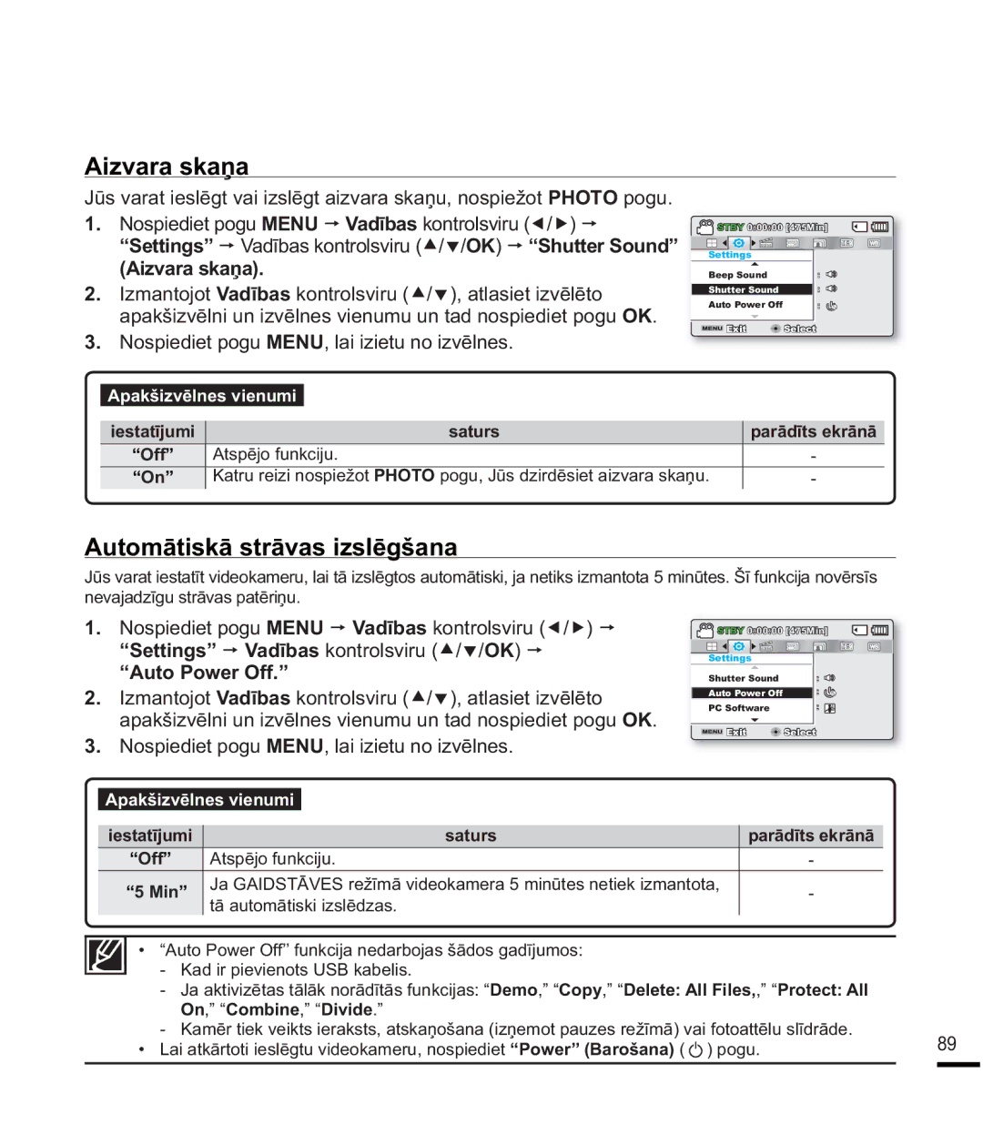 Samsung SMX-F44BP/EDC manual $LydudVndƽd, ³$XWR3RZHU2II´, ³6HWWLQJV´p9DGƯEDVNRQWUROVYLUXcd2.p, ³0LQ´ 