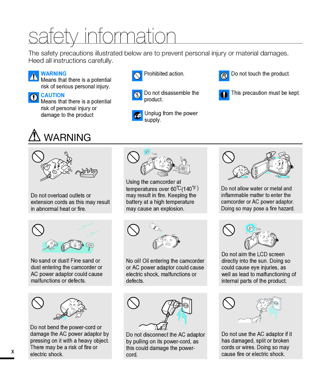 Samsung SMX-F44LN, SMX-F44SN, SMX-F43LN, SMX-F40RN, SMX-F43SN, SMX-F400LN, SMX-F400BN, SMX-F44RN, SMX-F40LN Safety information 