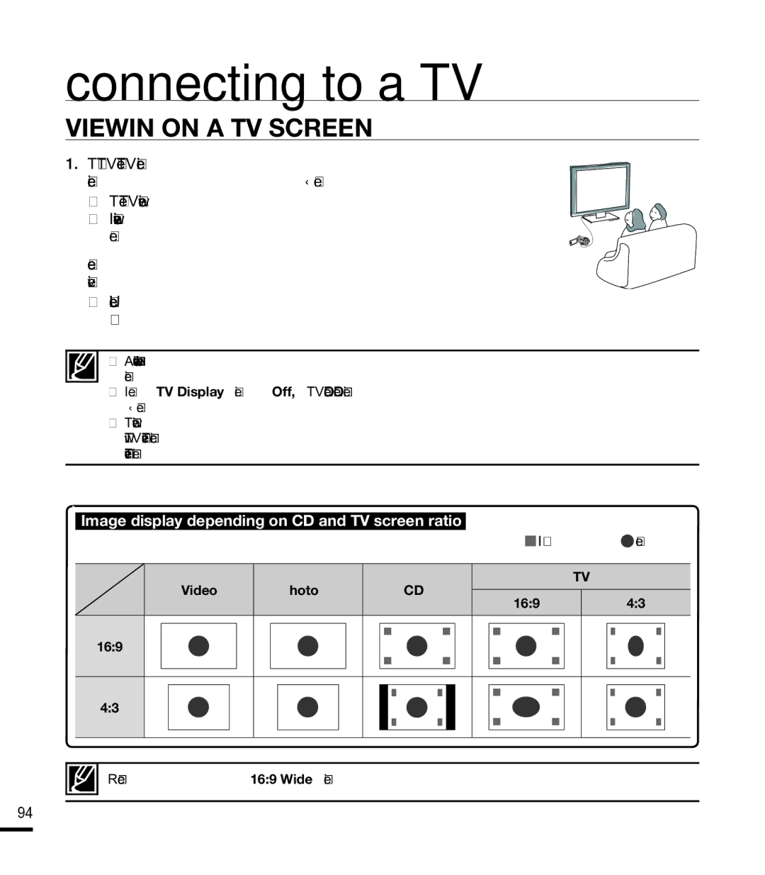 Samsung SMX-F40LN, SMX-F44SN, SMX-F43LN Viewing on a TV Screen, Image display depending on LCD and TV screen ratio 