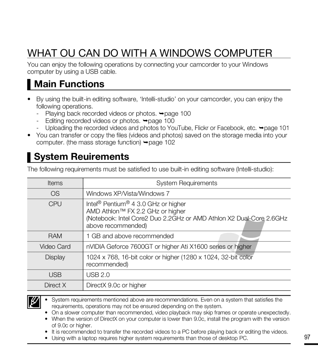 Samsung SMX-F400SN, SMX-F44SN, SMX-F43LN What YOU can do with a Windows Computer, Main Functions, System Requirements 