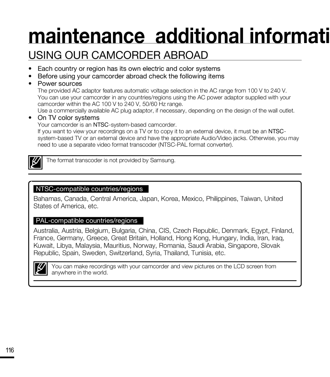 Samsung SMX-F40RN, SMX-F44SN Using Your Camcorder Abroad, On TV color systems, NTSC-compatible countries/regions, 116 