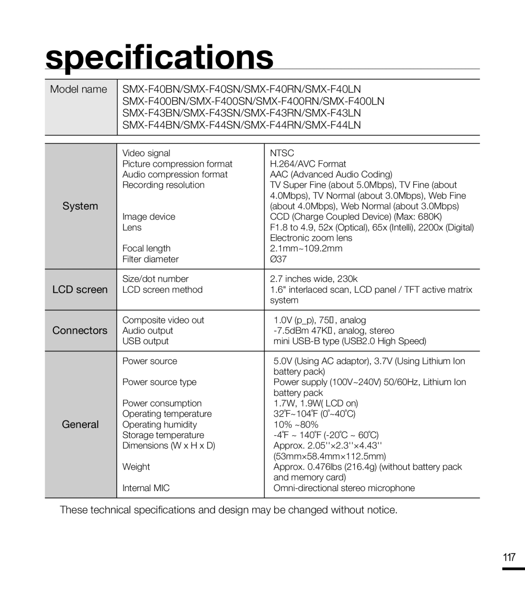 Samsung SMX-F43SN, SMX-F44SN, SMX-F43LN, SMX-F40RN, SMX-F400LN Specifications, Model name, System, Connectors, General 