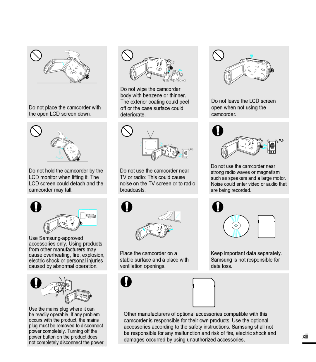 Samsung SMX-F400RN, SMX-F44SN, SMX-F43LN, SMX-F40RN, SMX-F43SN Do not place the camcorder with the open LCD screen down 