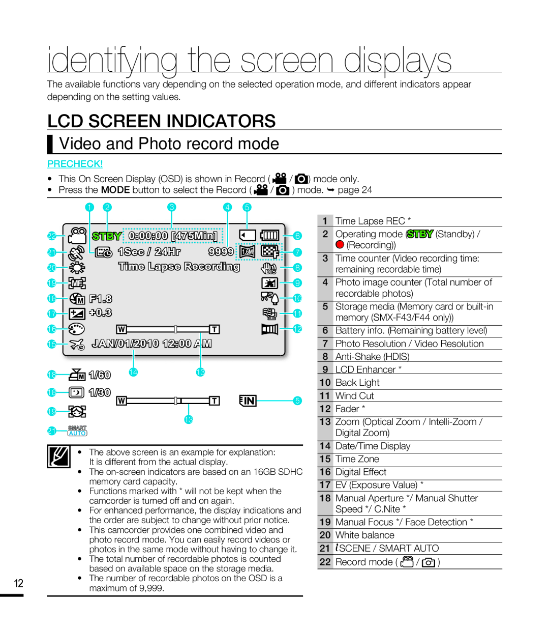 Samsung SMX-F44LN, SMX-F44SN, SMX-F43LN Identifying the screen displays, LCD Screen Indicators, Video and Photo record mode 