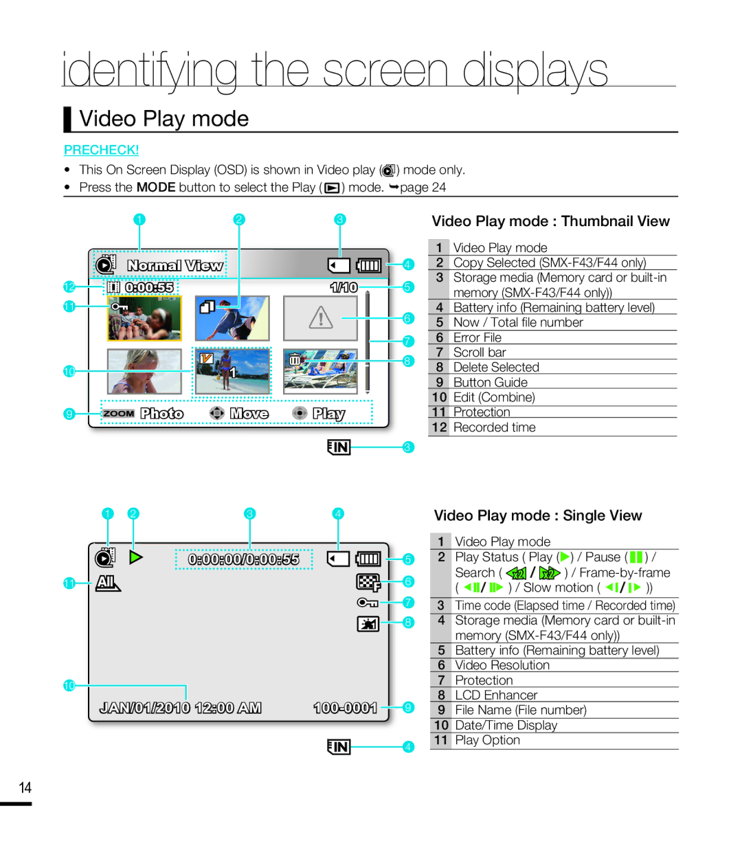 Samsung SMX-F40SN, SMX-F44SN, SMX-F43LN, SMX-F40RN, SMX-F43SN Video Play mode Thumbnail View, Video Play mode Single View 