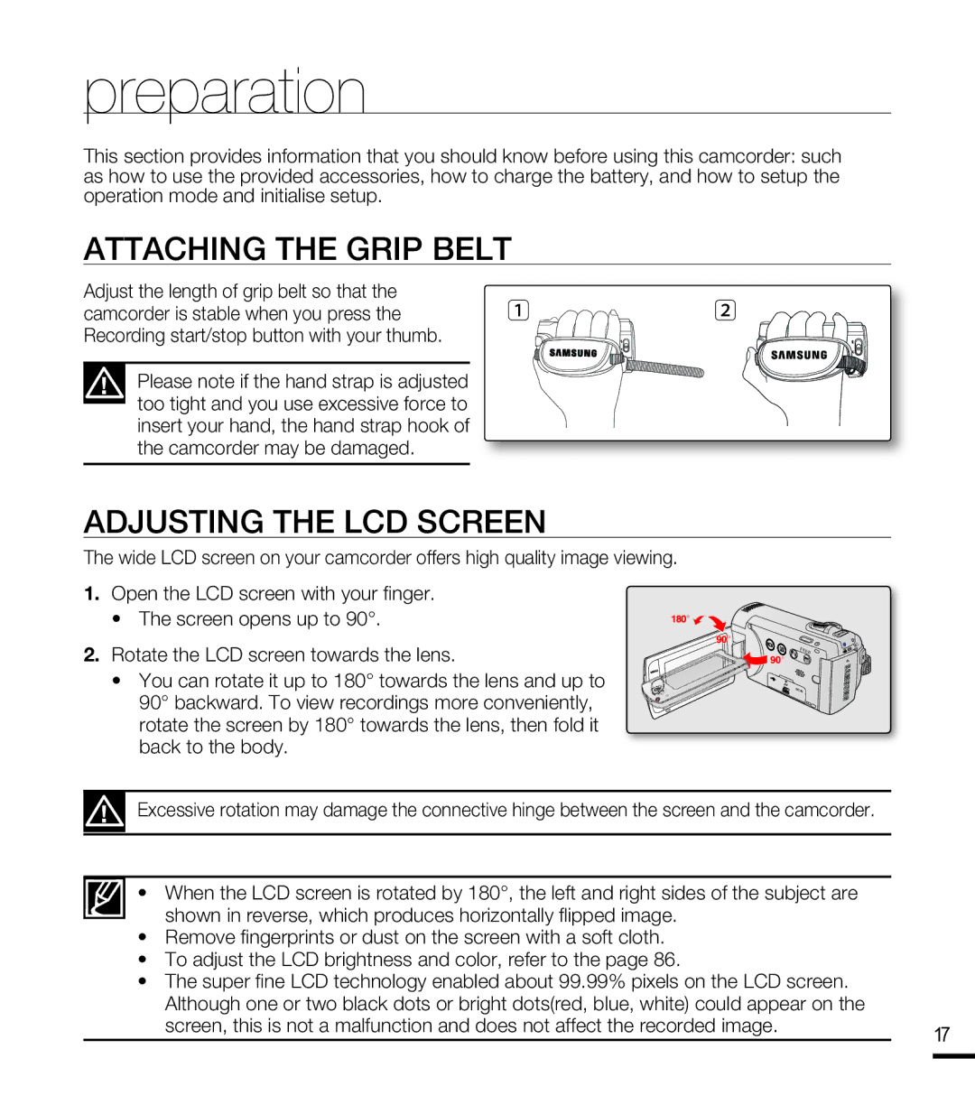 Samsung SMX-F43LN, SMX-F44SN, SMX-F40RN, SMX-F43SN, SMX-F400LN Preparation, Attaching the Grip Belt, Adjusting the LCD Screen 