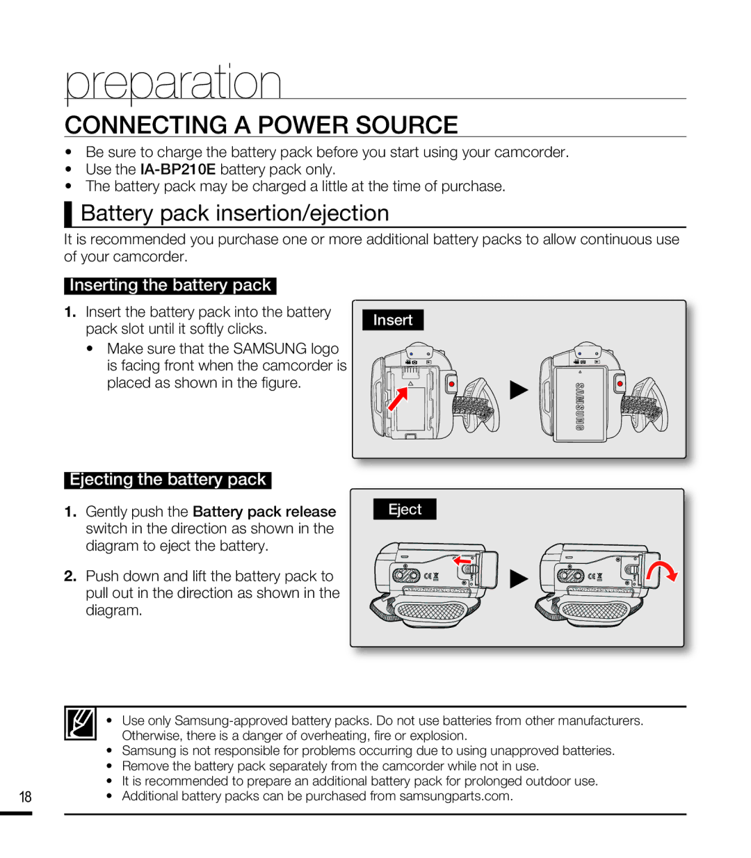 Samsung SMX-F40RN, SMX-F44SN, SMX-F43LN, SMX-F43SN Connecting a Power Source, Battery pack insertion/ejection, Insert, Eject 