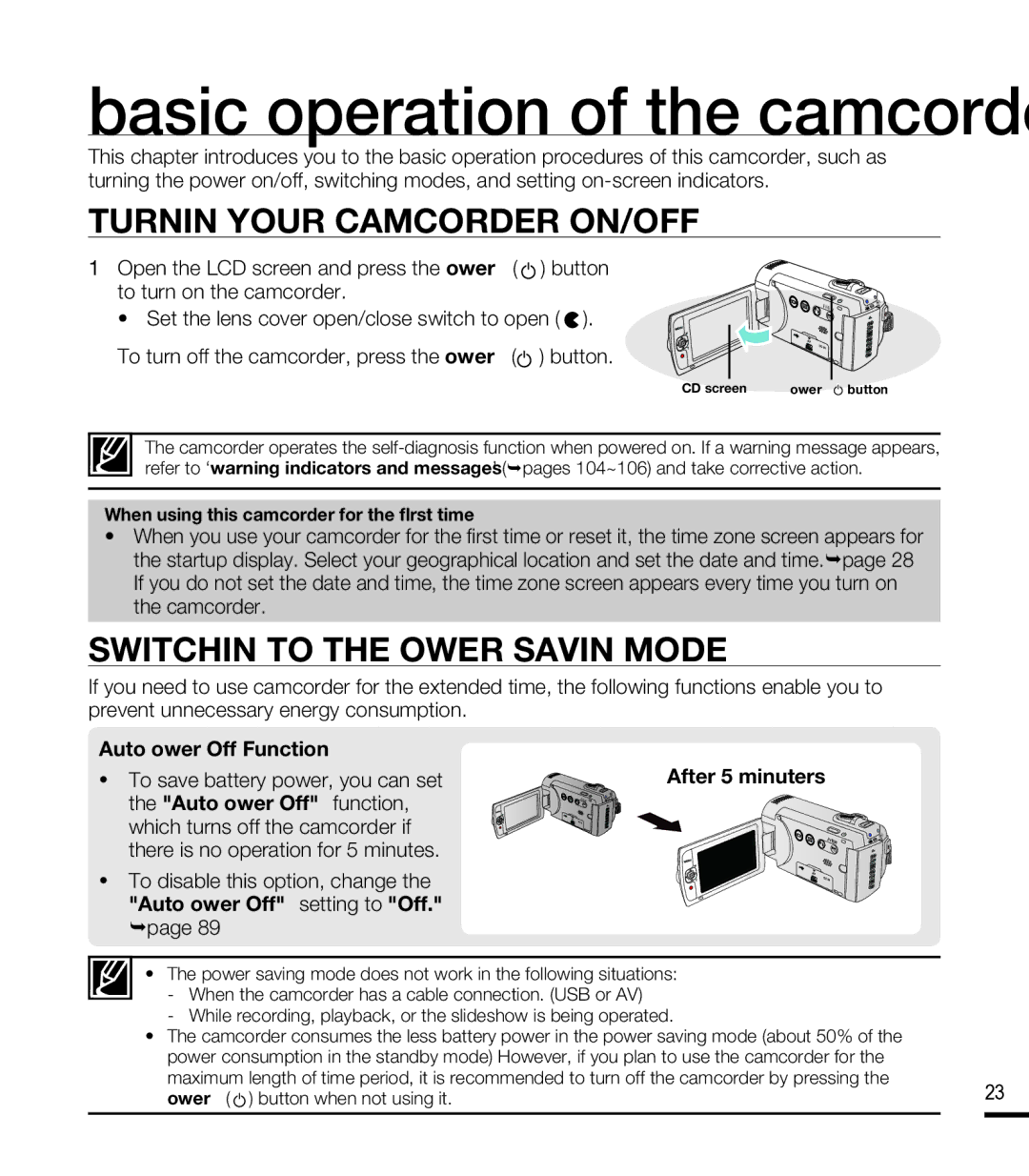 Samsung SMX-F44RN, SMX-F44SN, SMX-F43LN, SMX-F40RN Turning Your Camcorder ON/OFF, Switching to the Power Saving Mode 