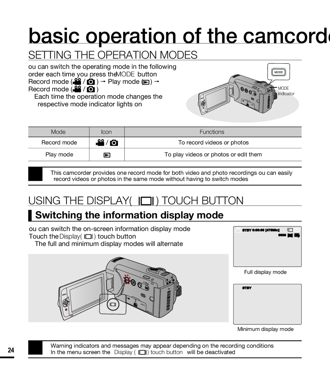 Samsung SMX-F40LN Setting the Operation Modes, Using the Display Touch Button, Switching the information display mode 