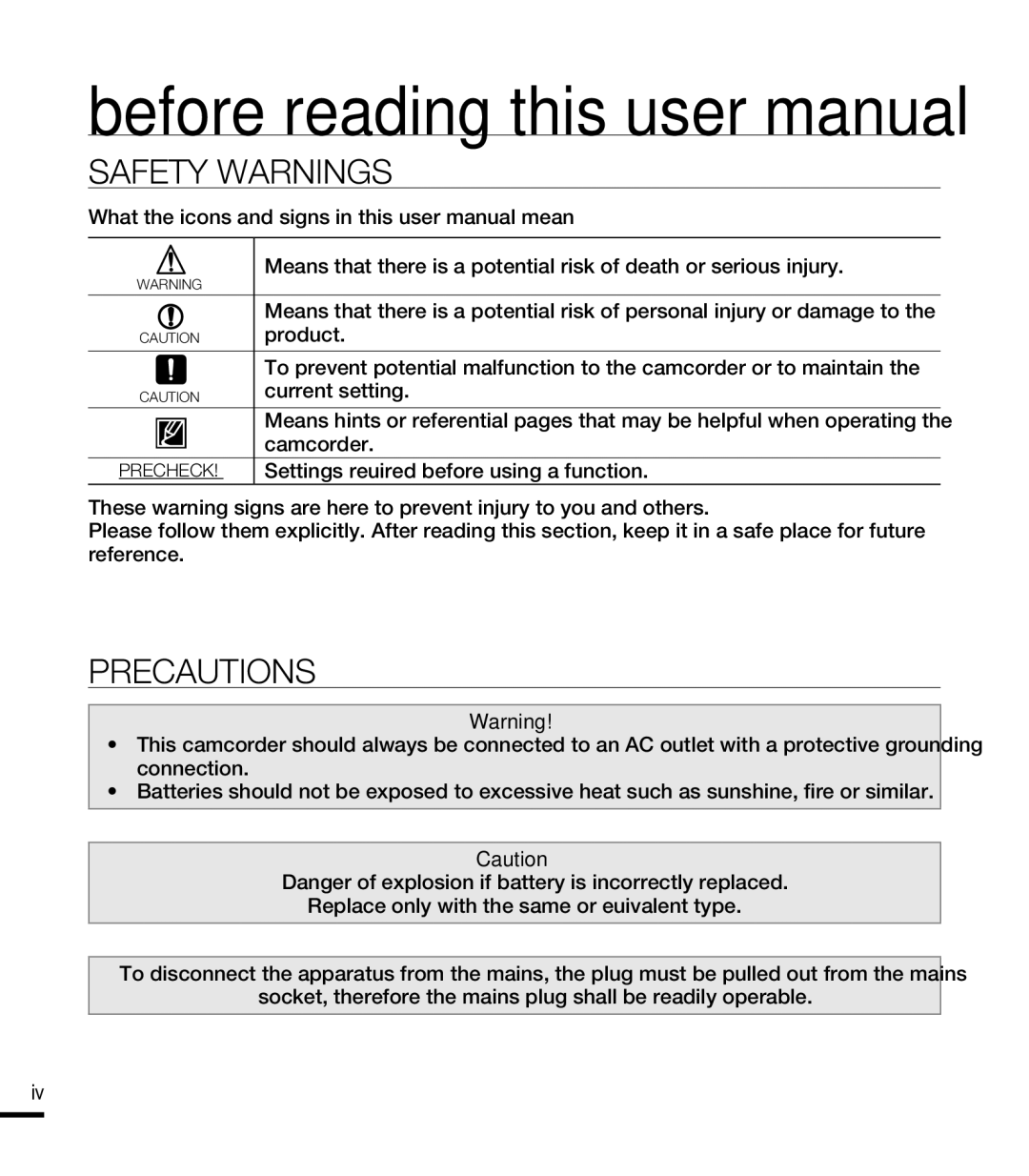 Samsung SMX-F400LN, SMX-F44SN, SMX-F43LN, SMX-F40RN, SMX-F43SN, SMX-F400BN, SMX-F44RN, SMX-F40LN Safety Warnings, Precautions 