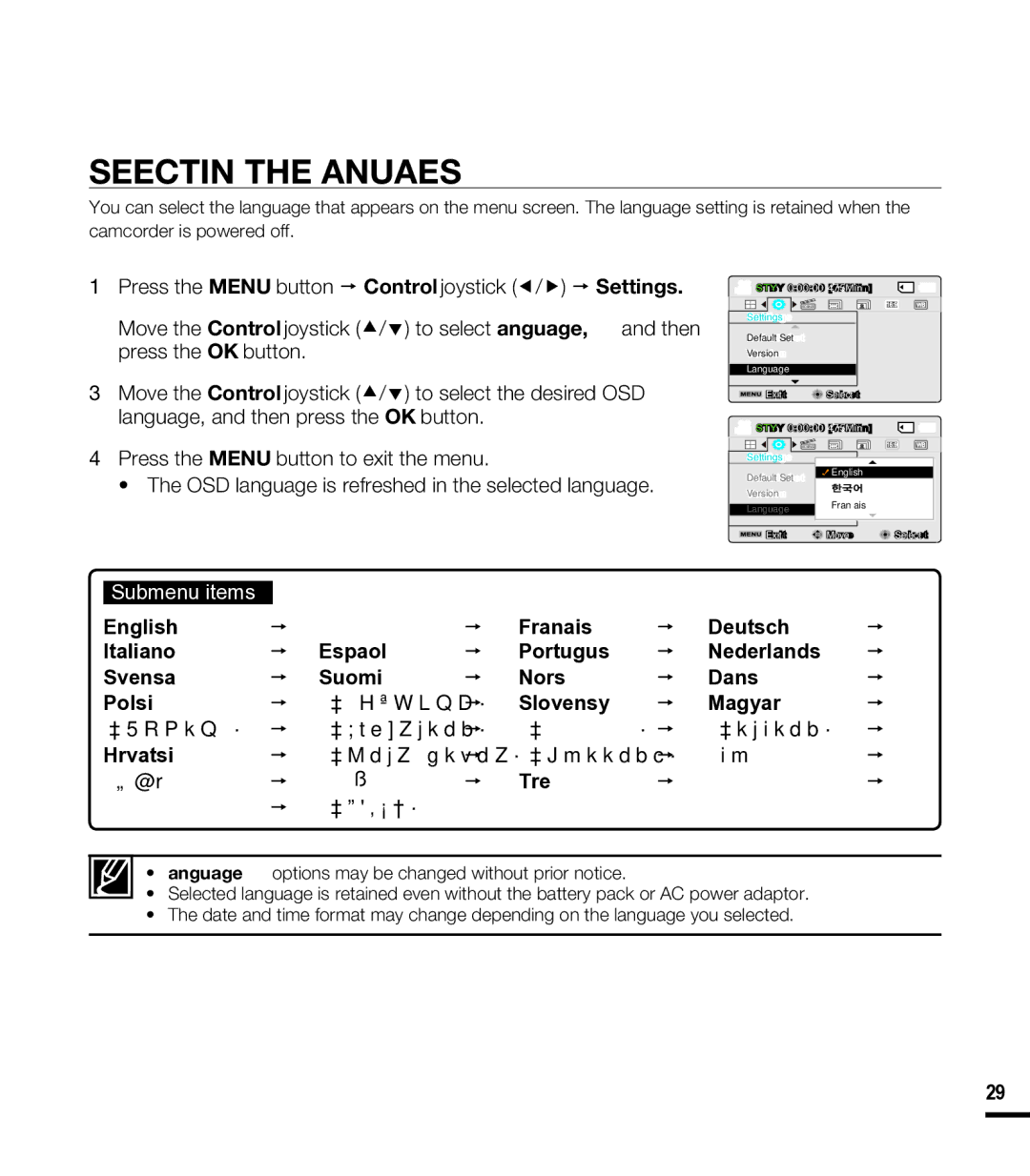 Samsung SMX-F400RN, SMX-F44SN, SMX-F43LN, SMX-F40RN, SMX-F43SN, SMX-F400LN, SMX-F400BN Selecting the Languages, Türkçe תירבע 