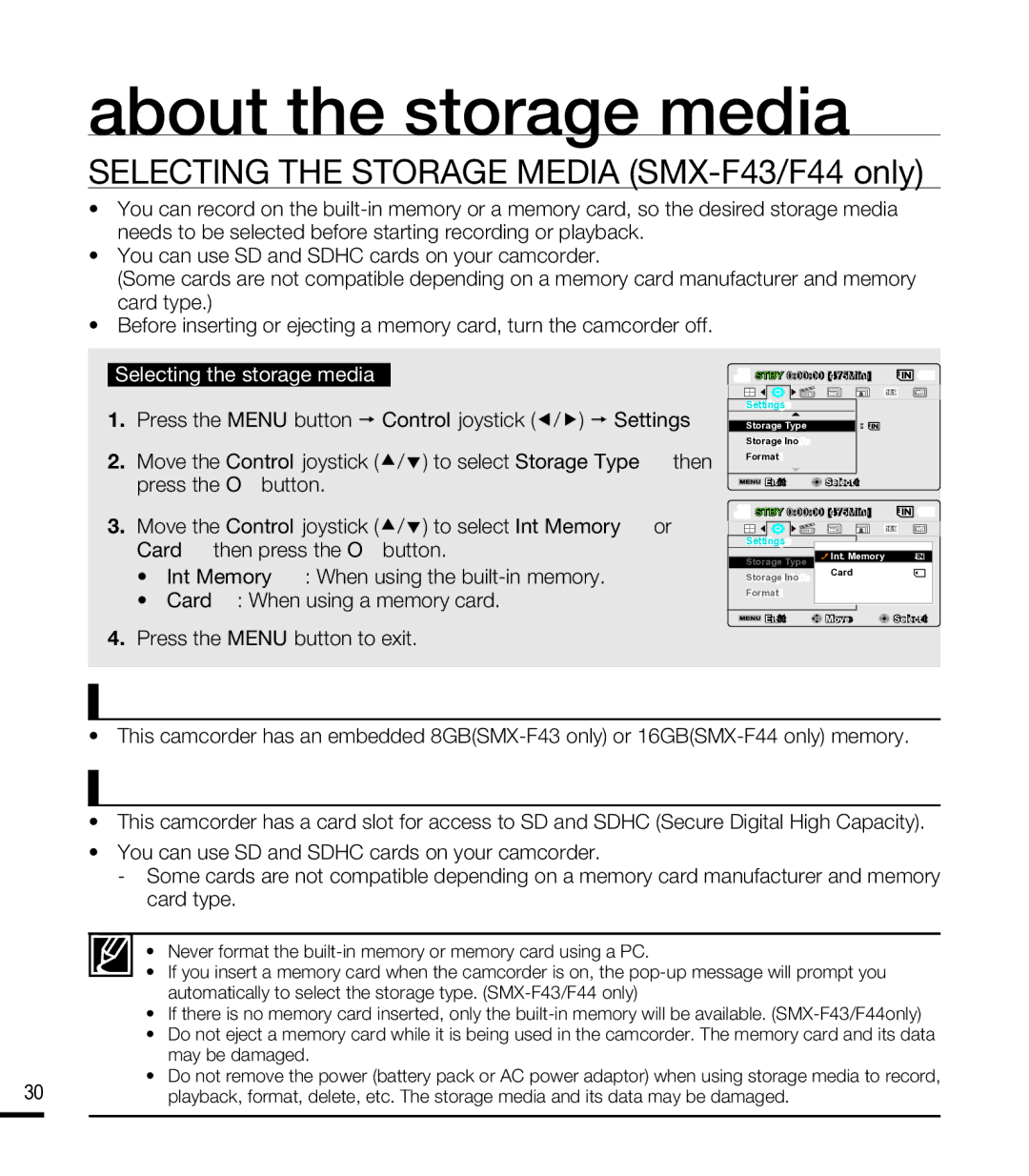 Samsung SMX-F44SN About the storage media, Selecting the Storage Media SMX-F43/F44 only, Using a memory card not supplied 