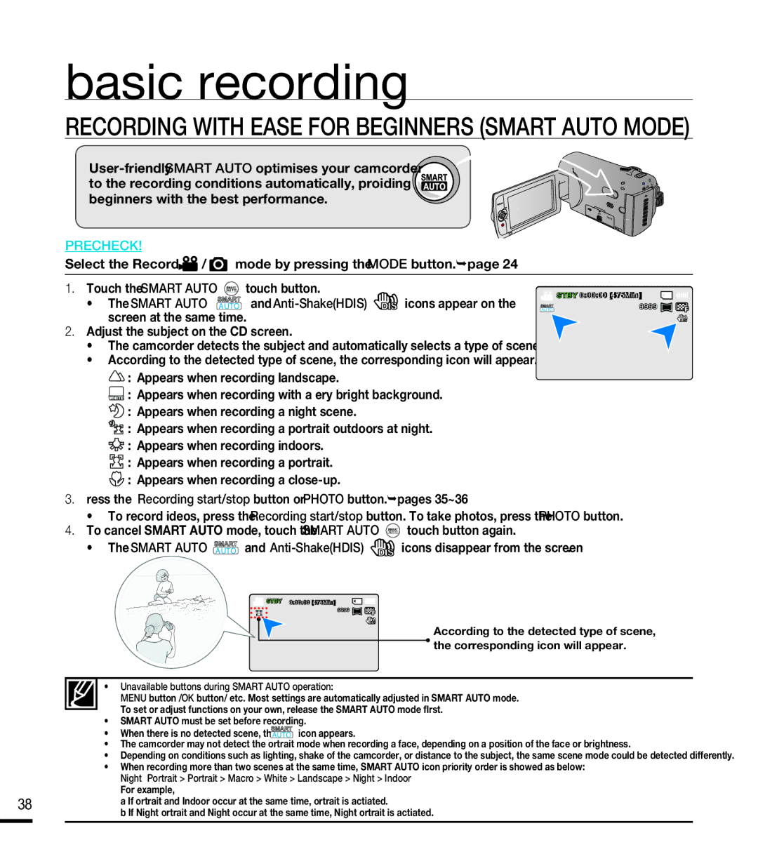 Samsung SMX-F40LN, SMX-F44SN, SMX-F43LN, SMX-F40RN, SMX-F43SN, SMX-F400LN Recording with Ease for Beginners Smart Auto Mode 