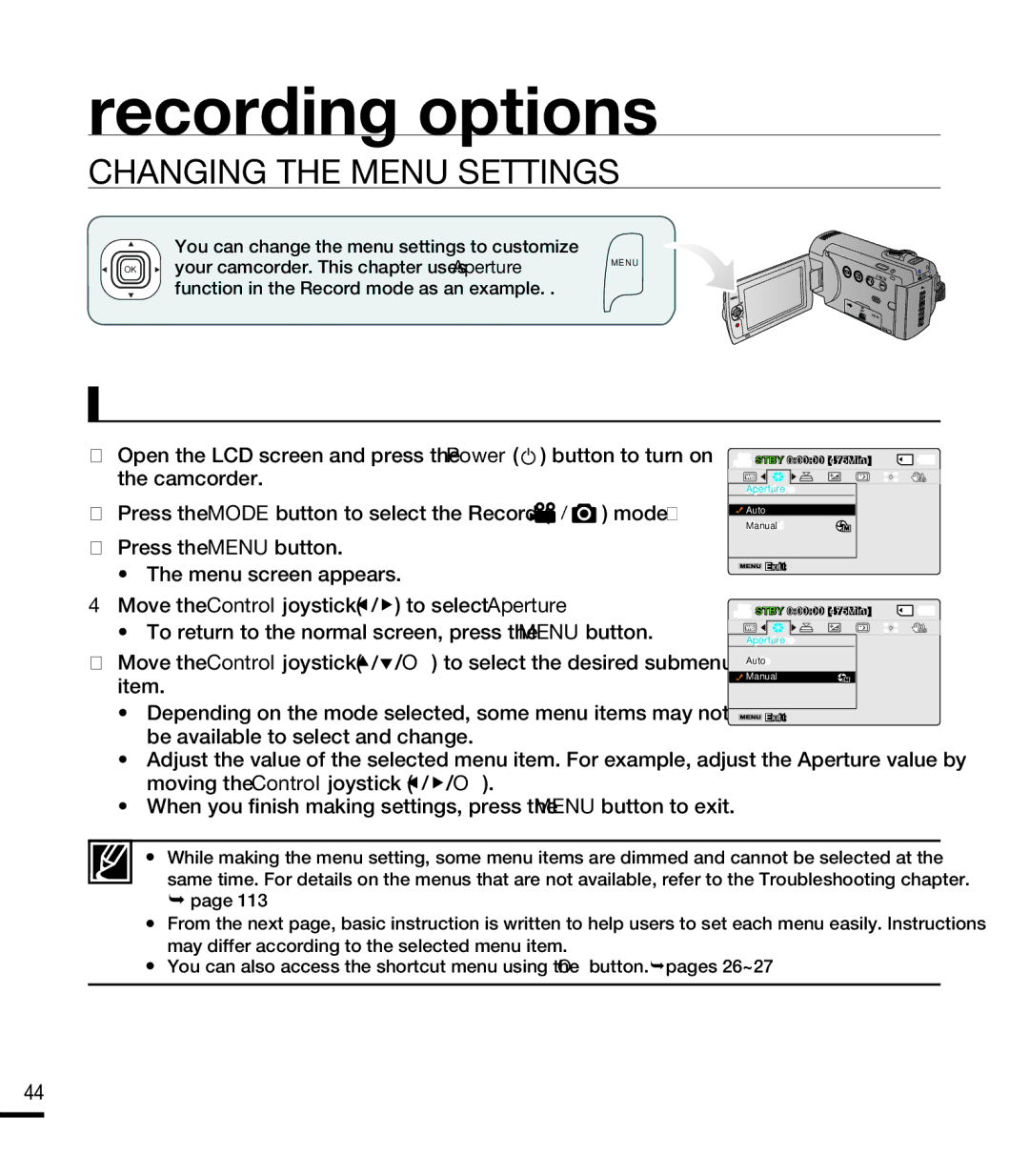 Samsung SMX-F44SN, SMX-F43LN, SMX-F40RN, SMX-F43SN Recording options, Changing the Menu Settings, Using the Menu button 