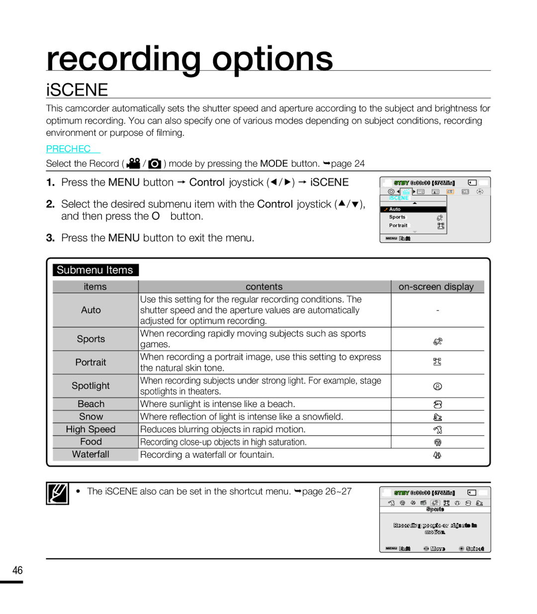 Samsung SMX-F40RN Iscene, Press the Menu button  Control joystick /  iSCENE, Then press the OK button, Submenu Items 