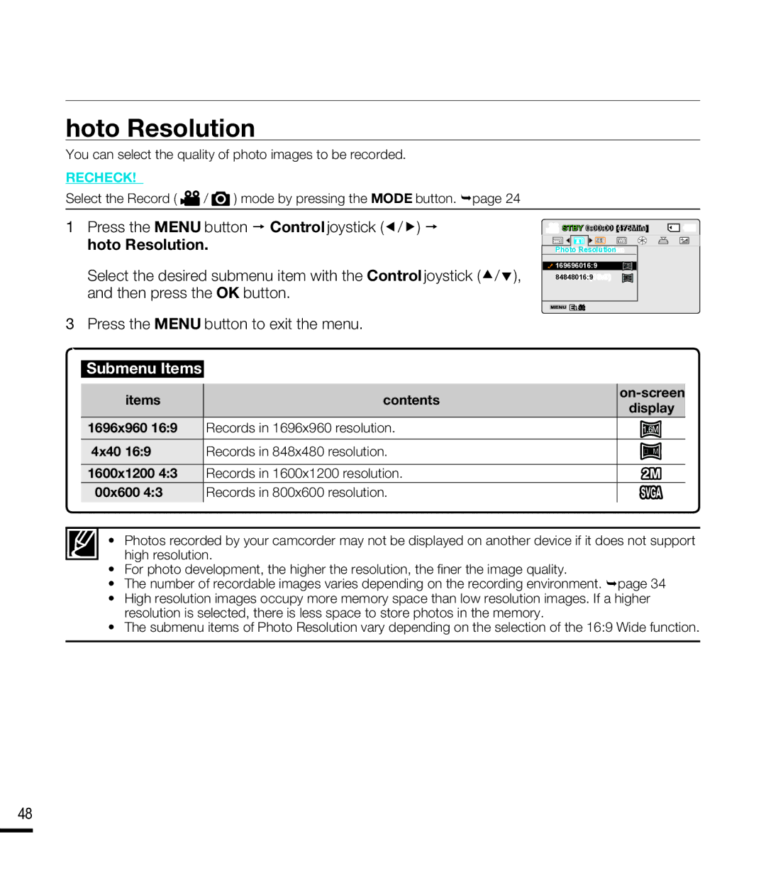 Samsung SMX-F400LN, SMX-F44SN, SMX-F43LN, SMX-F40RN Photo Resolution, Press the Menu button  Control joystick /   