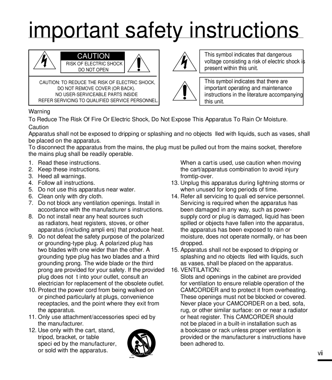 Samsung SMX-F44RN, SMX-F44SN, SMX-F43LN, SMX-F40RN, SMX-F43SN, SMX-F400LN, SMX-F400BN Important safety instructions, Vii 