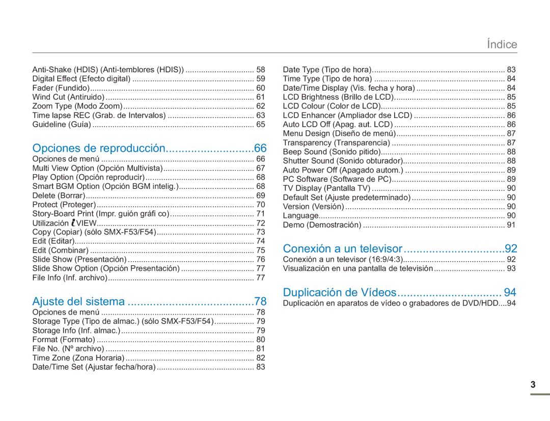 Samsung SMX-F50SP/EDC, SMX-F50BP/EDC, SMX-F50RP/EDC, SMX-F500XP/EDC manual Índice, Anti-Shake Hdis Anti-temblores Hdis 