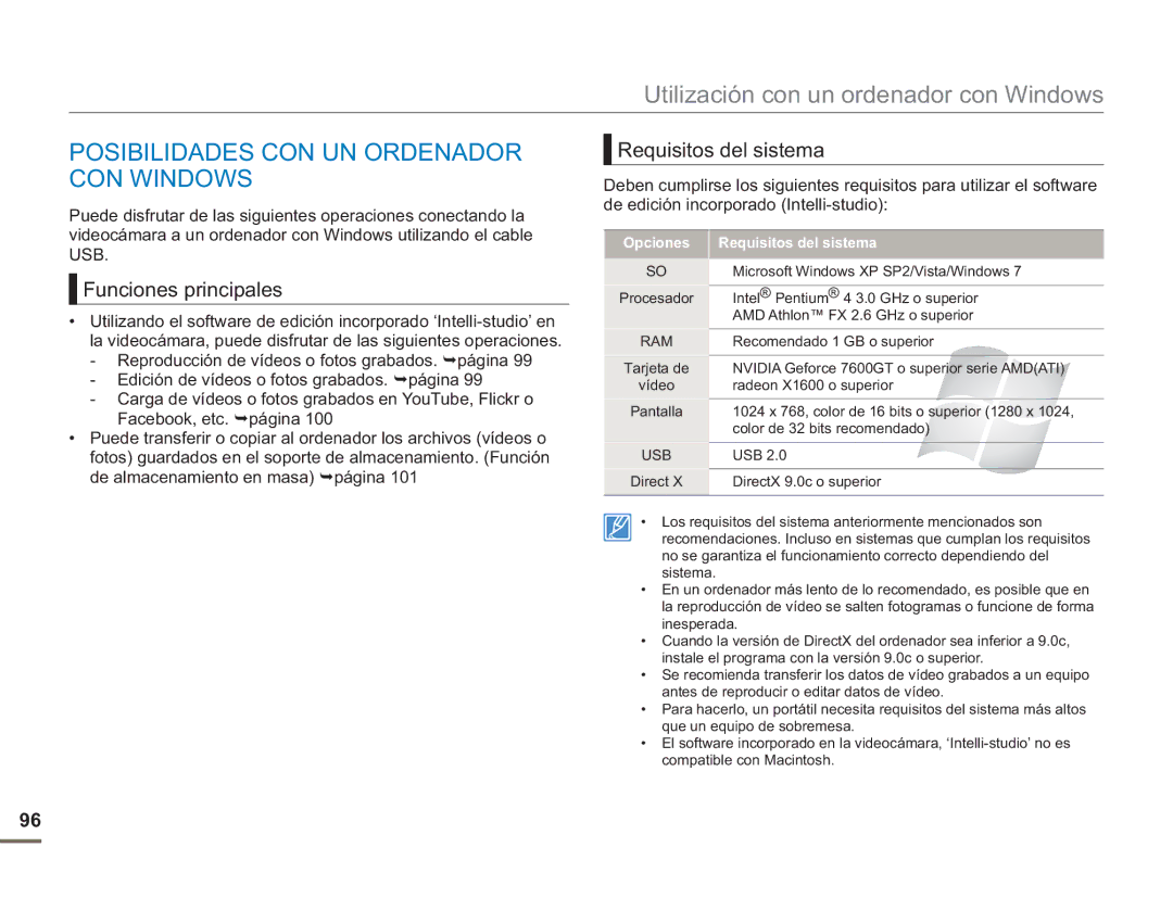 Samsung SMX-F50RP/EDC manual Posibilidades CON UN Ordenador CON Windows, Requisitos del sistema, Funciones principales 